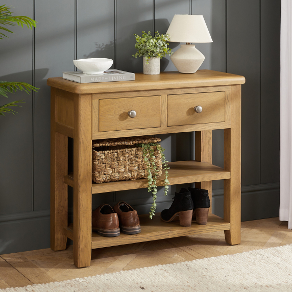 Cotswold Rustic Smoked Oak 2 Drawer Hall Console Table