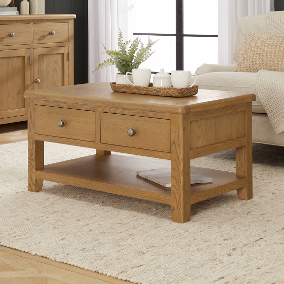 Cotswold Rustic Smoked Oak 2 Drawer Coffee Table with Shelf