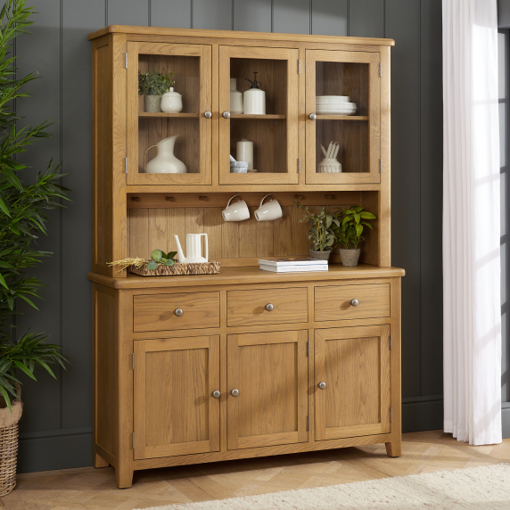 Cotswold Rustic Smoked Oak Large Glazed Dresser Sideboard