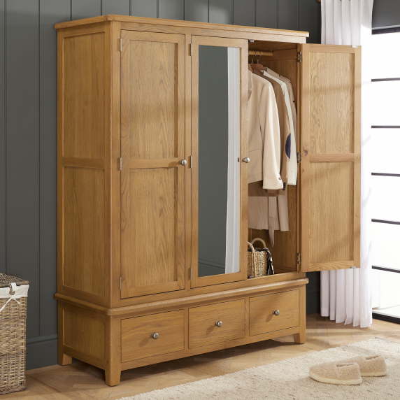 Cotswold Rustic Smoked Oak Triple 3 Door Mirrored Wardrobe with 3 Drawers