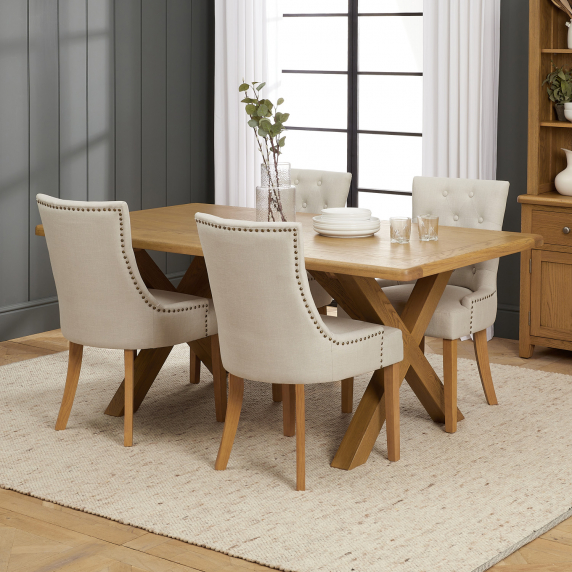 Cotswold Rustic Smoked Oak 1.8m Dining Table with Scoop Linen Dining Chairs x 4 qty