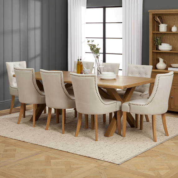 Cotswold Rustic Smoked Oak 2.2m Dining Table with Scoop Linen Dining Chairs x 8 qty