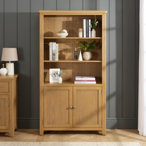 Cotswold Rustic Smoked Oak Tall Wide Bookcase with 2 Door Cupboard