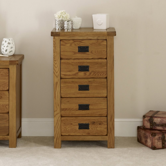 Rustic Oak 5 Drawer Tallboy Wellington Chest of Drawers