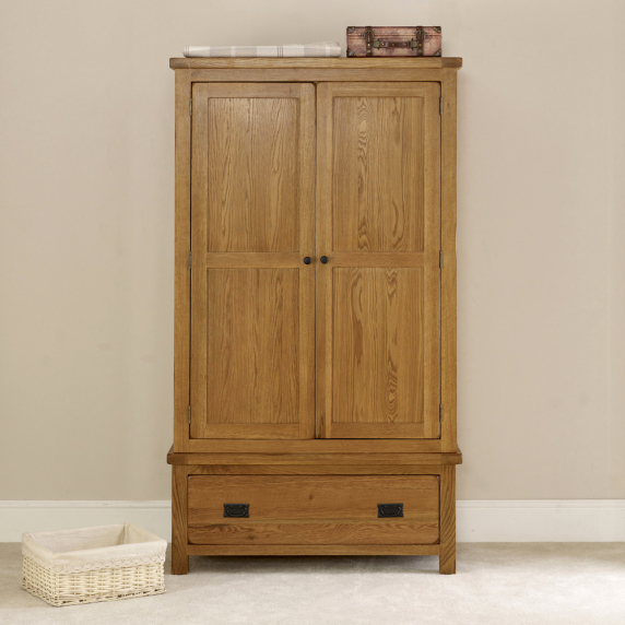 Rustic Oak 2 Door Double Wardrobe with 1 Drawer