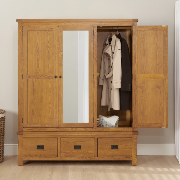 Rustic Oak Triple 3 Door Mirrored Wardrobe with 3 Drawers