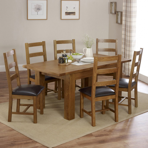 Rustic Oak Medium Extending Dining Table + 6 Ladder Back Chairs