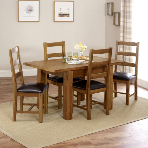 Rustic Oak Small Extending Dining Table + 4 Dining Chair Set