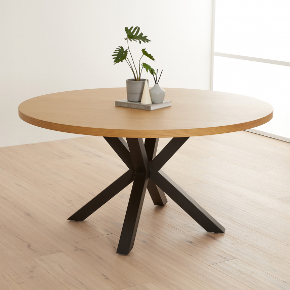 Industrial Natural Oak 150cm Round Dining Table with Black Starburst Legs – 6 to 8 Seater