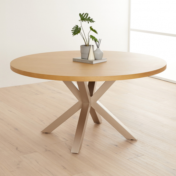 Industrial Natural Oak 150cm Round Dining Table with Grey Starburst Legs – 6 to 8 Seater