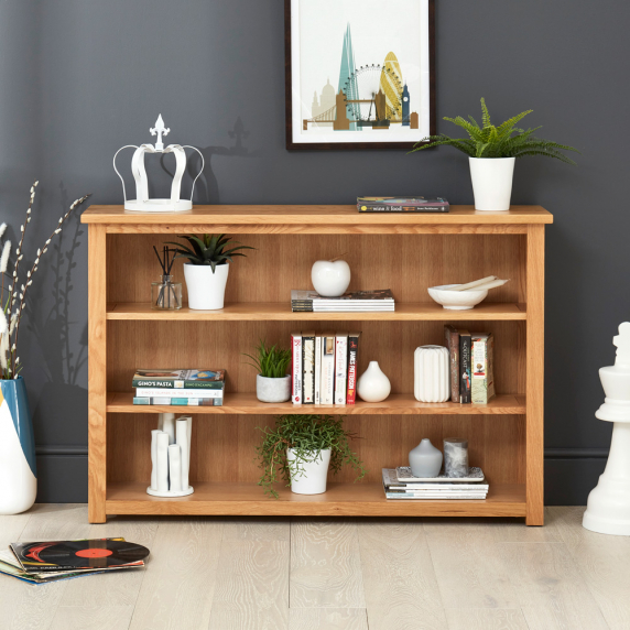 London Oak Low Wide 2 Shelf Bookcase