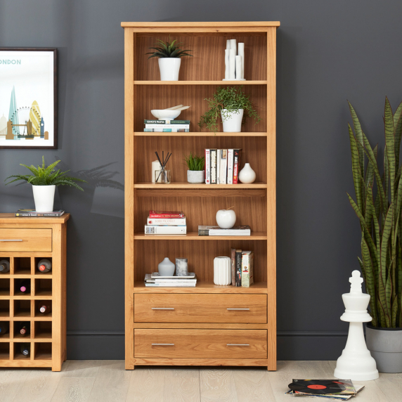 London Oak Large Bookcase with 2 Drawers