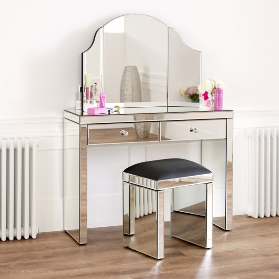 Venetian Mirrored Dressing Table Set with Black Stool