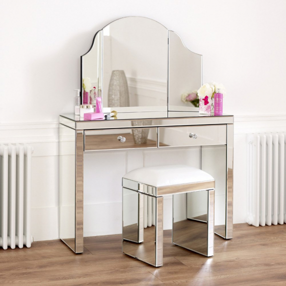 Venetian Mirrored Dressing Table Set with White Stool