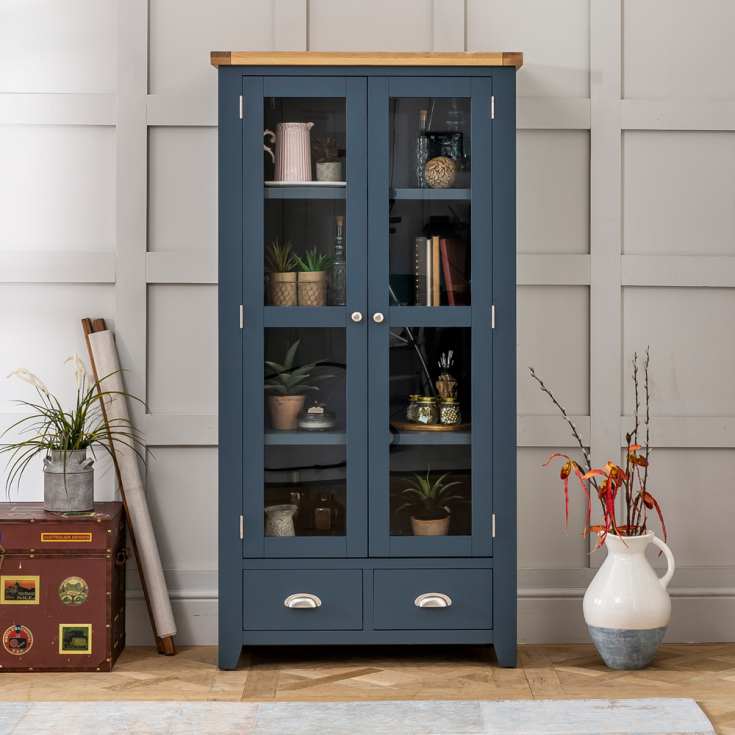 Westbury Blue Painted Glazed 2 Door 2 Drawer Tall Display Cabinet Unit 