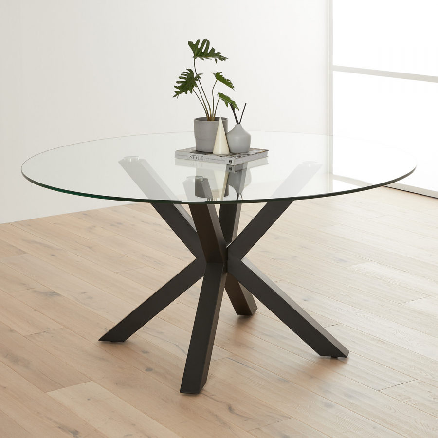 Starburst 150cm Round Glass Dining Table with Black Legs – 6 Seater