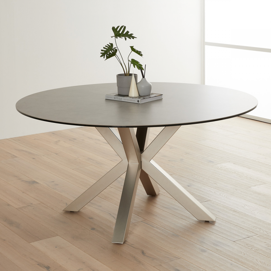 Starburst 150cm Round Grey Ceramic Dining Table with Satin Legs – 6 Seater