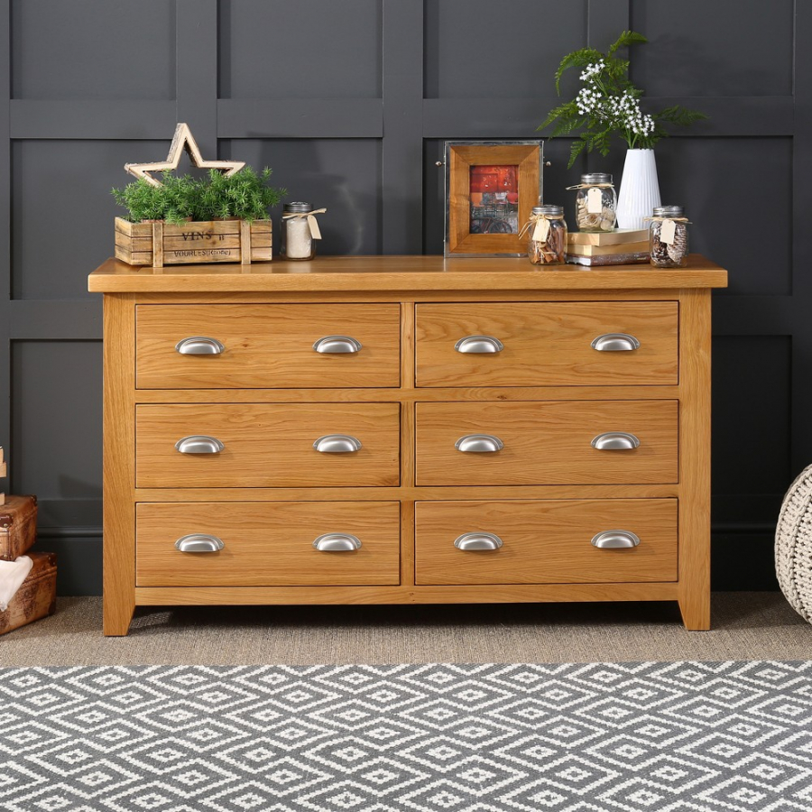 Cheshire Oak Large Wide 6 Drawer Chest of Drawers