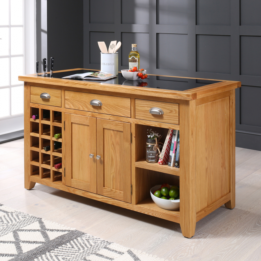 Cheshire Oak Large Kitchen Island with Black Granite Top