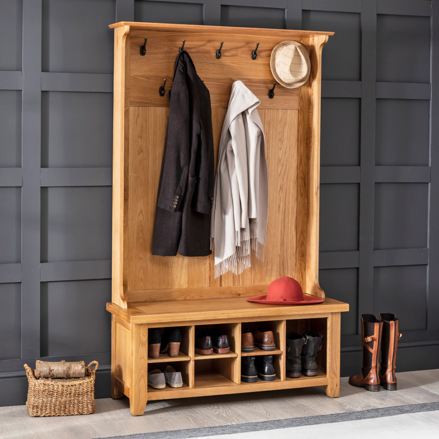 Cheshire Oak Hallway Tidy Shoe Storage Bench with Coat Rack