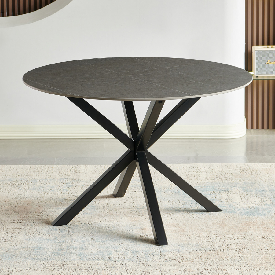 Spider 120cm Round Grey Sintered Stone Ceramic Dining Table with Black Legs – 4 Seater