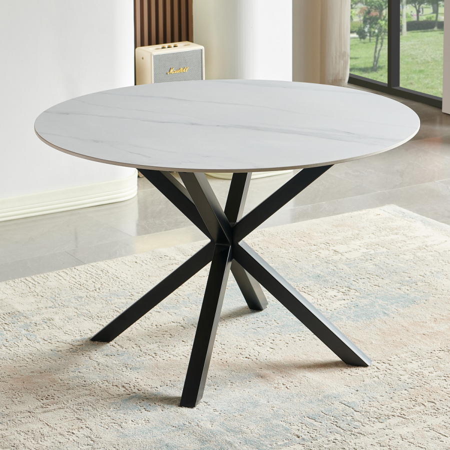 Spider 120cm Round White Sintered Stone Ceramic Dining Table with Black Legs – 4 Seater