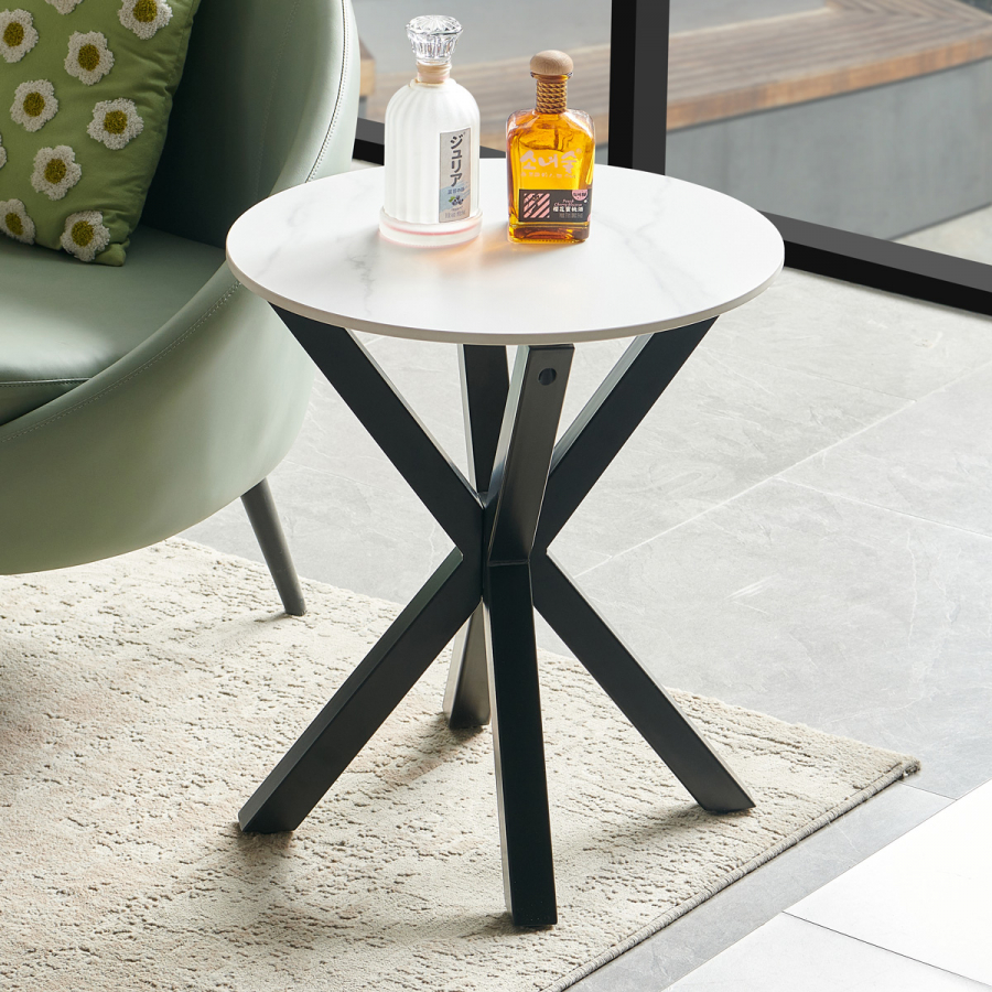 Spider Round White Sintered Stone Side Lamp Table with Black Legs