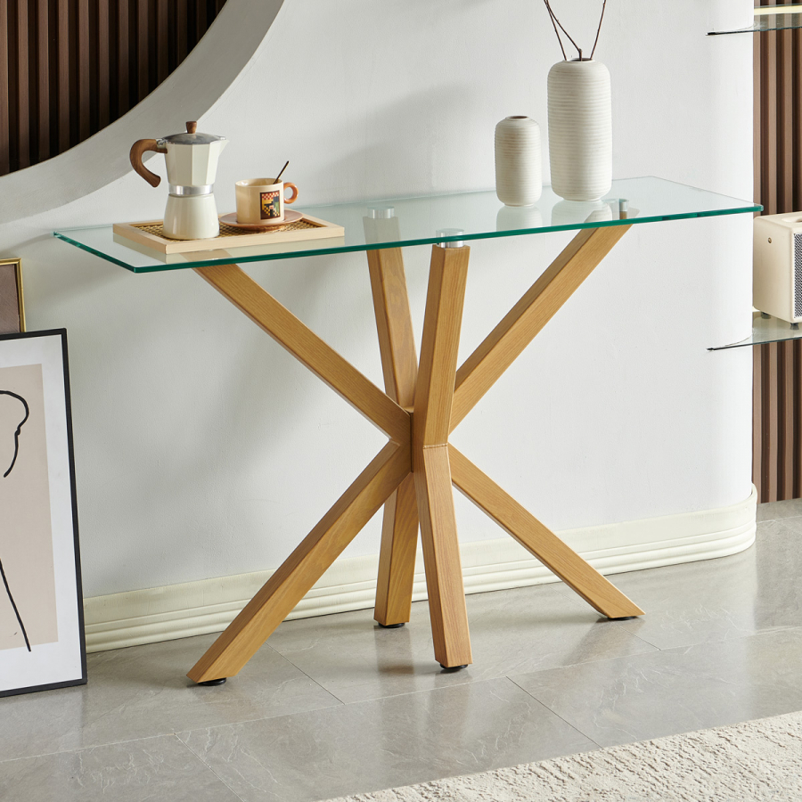 Spider Glass Console Hall Table with Oak Legs