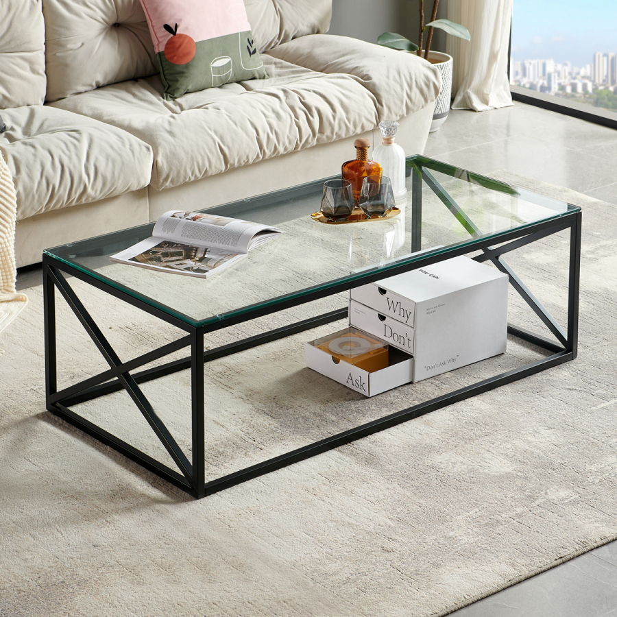 Monza Glass Coffee Table with Black Cross Frame