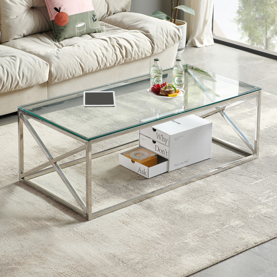 Monza Glass Coffee Table with Chrome Stainless Steel Cross Frame