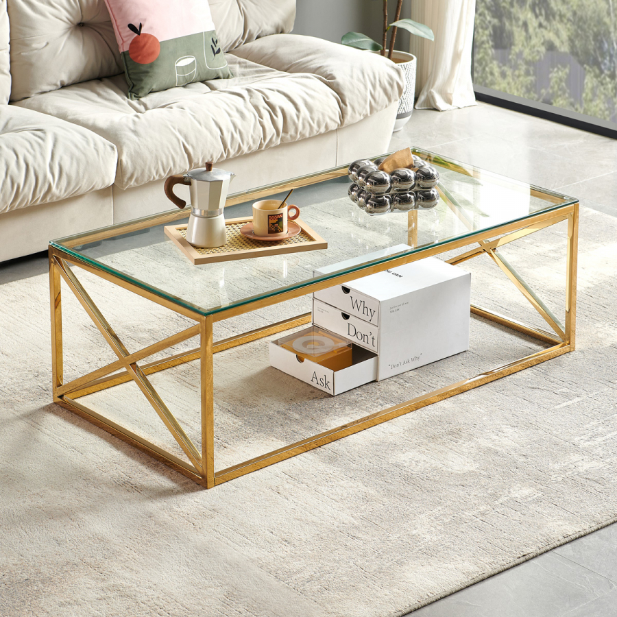 Monza Glass Coffee Table with Gold Stainless Steel Cross Frame