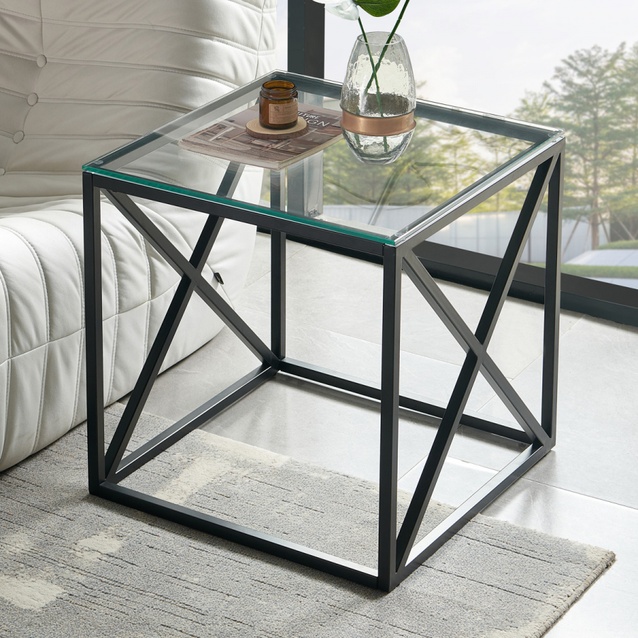 Monza Glass Side Lamp Table with Black Cross Frame