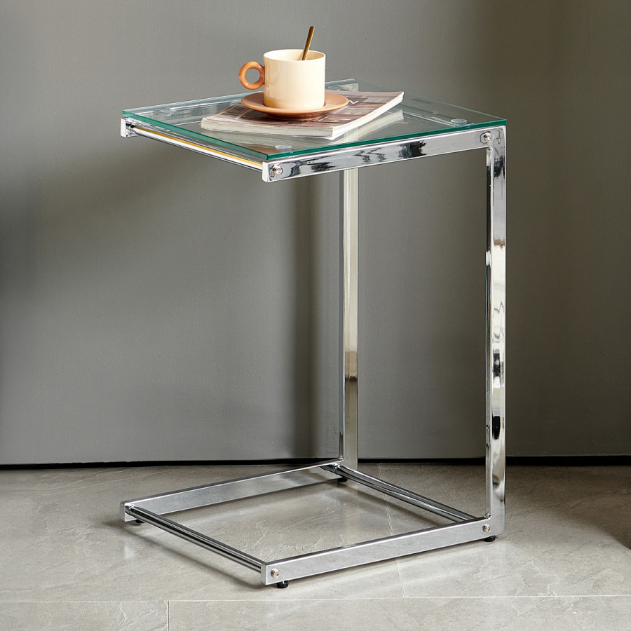 Monza Glass Cantilever Side Lamp Table with Chrome Stainless Steel Frame