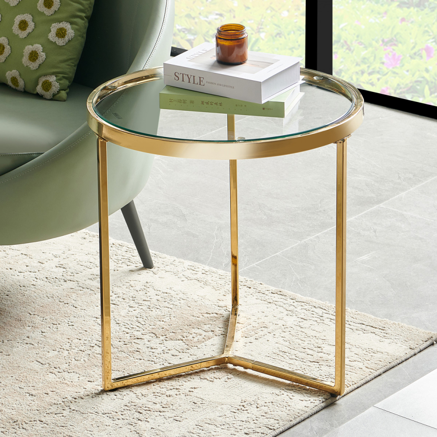 Monza Round Glass Side Lamp Table with Gold Stainless Steel Frame