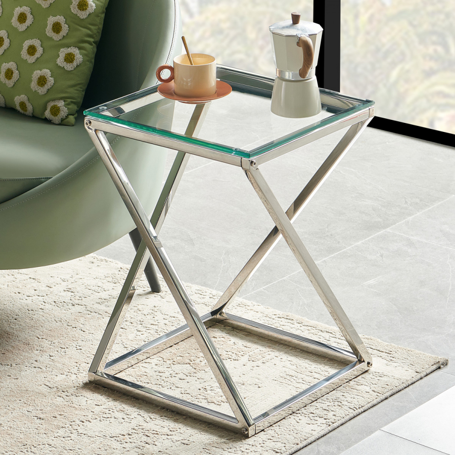 Monza Glass Twist Side Lamp Table with Chrome Stainless Steel Frame