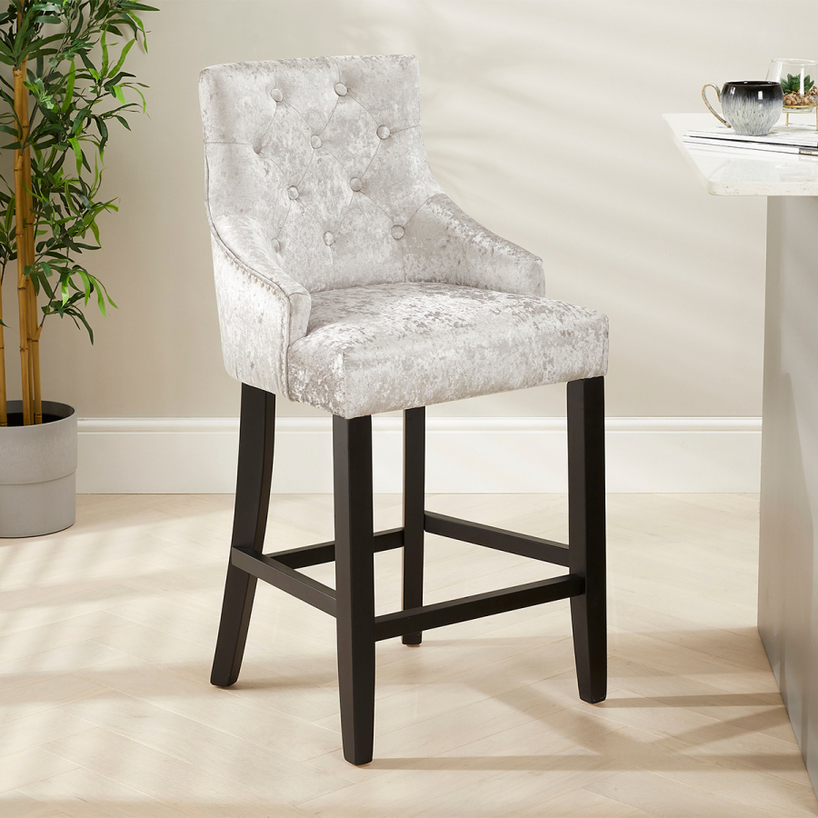 Luxury Silver Crushed Velvet Scoop Back Bar Stool – Black Satin Legs