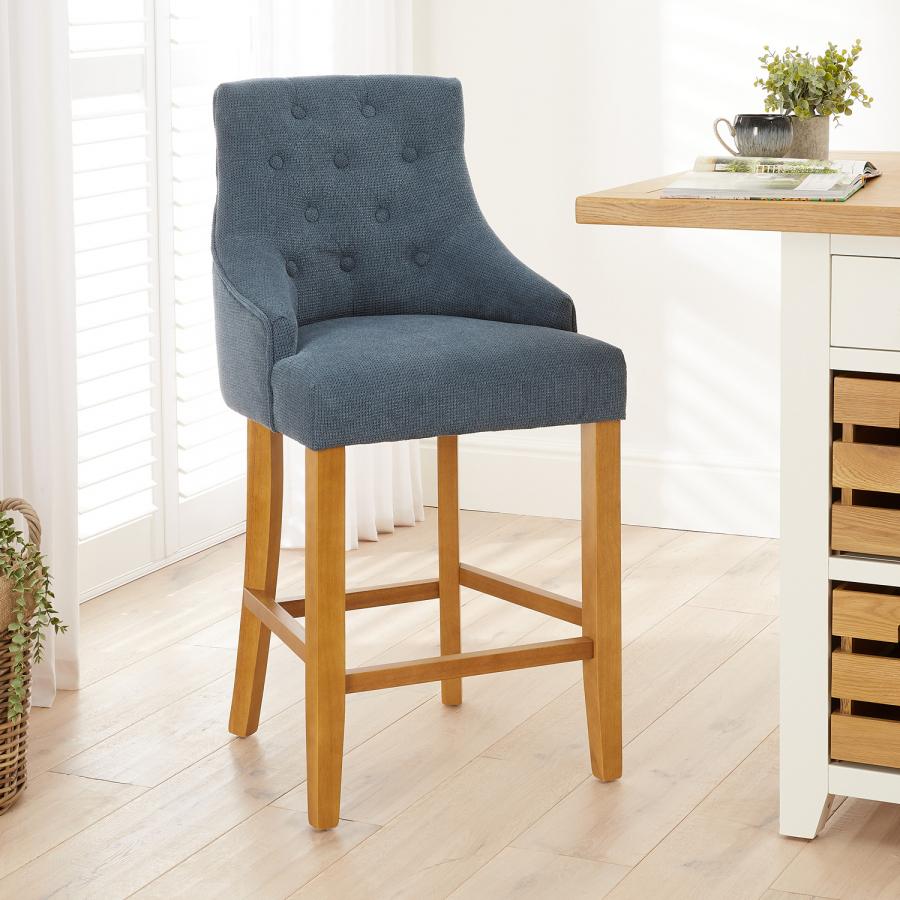 Luxury Blue Fabric Scoop Back Counter Bar Stool with Oak Legs