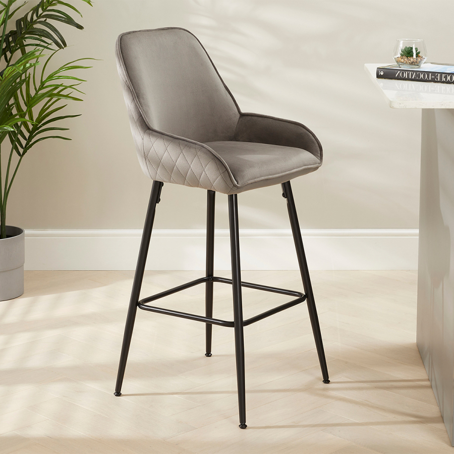 Savoy Storm Grey Velvet Bar Stool with Black Legs