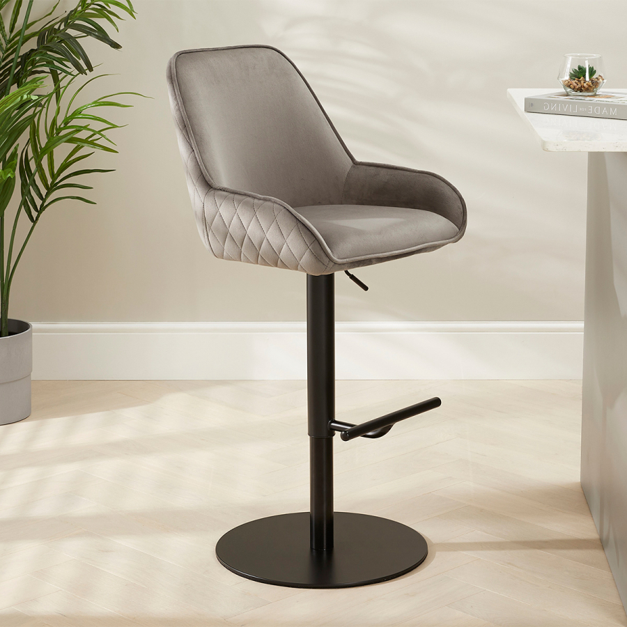 Savoy Storm Grey Velvet Adjustable Bar Stool with Black Base