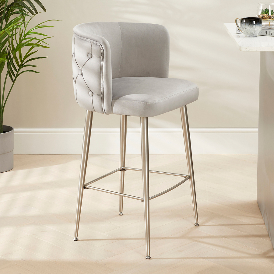 Bella Boutique Grey Velvet Bar Stool with Brushed Steel Legs