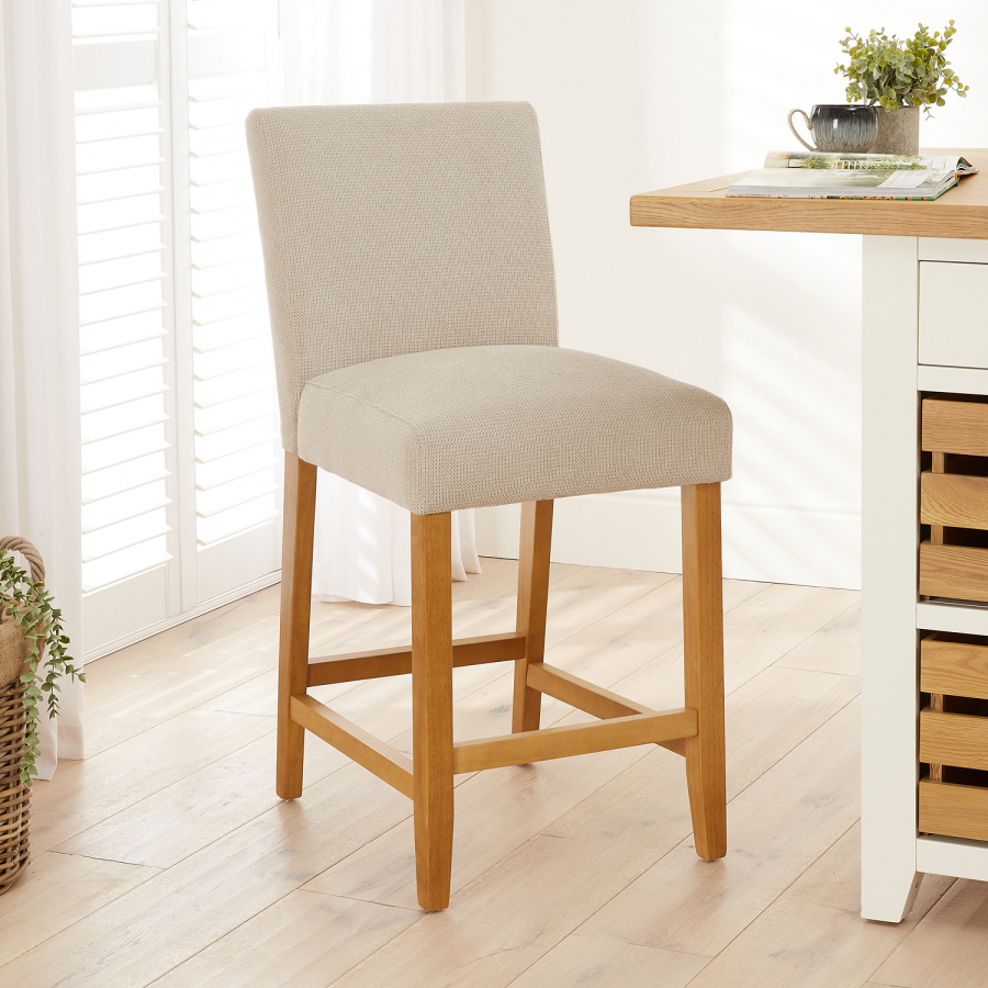 Monty Natural Oatmeal Fabric Counter Bar Stool with Oak Legs