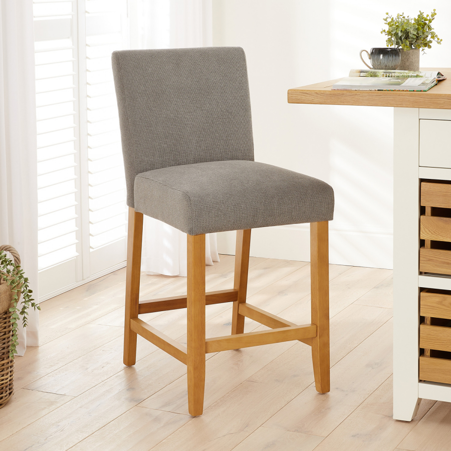 Monty Grey Fabric Counter Bar Stool with Oak Legs