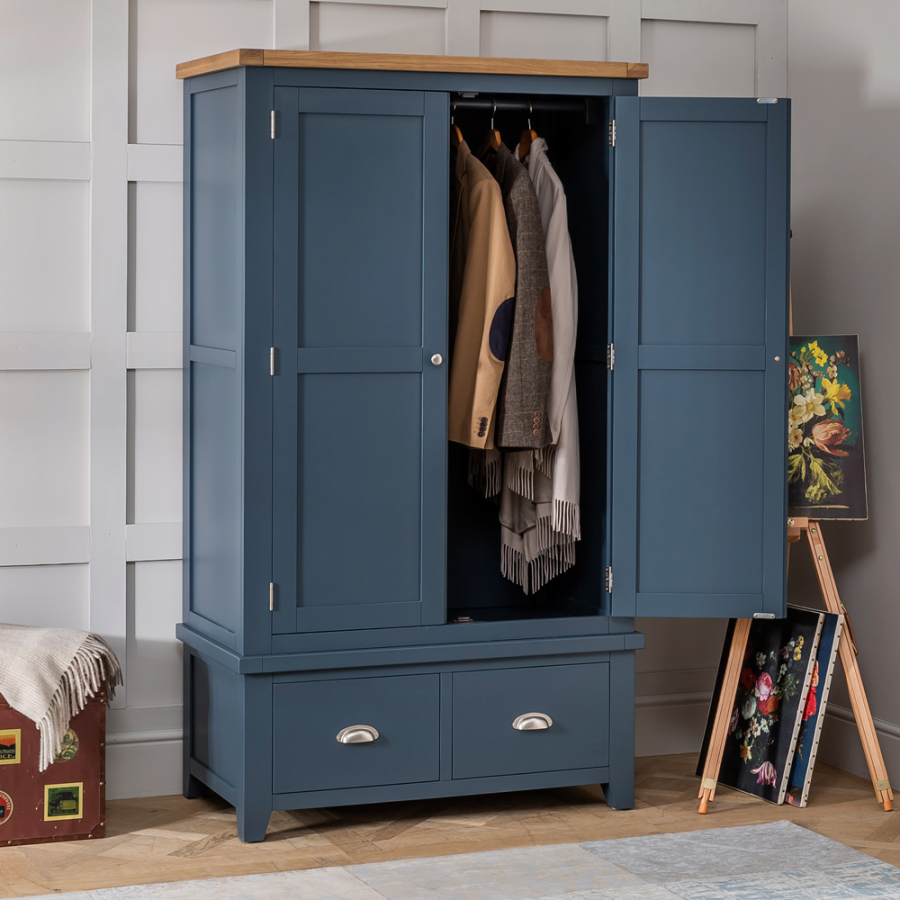 Westbury Blue Painted Double 2 Door Wardrobe with 2 Drawers