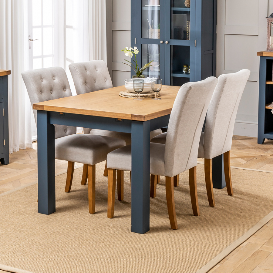 Westbury Blue Painted Extending Dining Table + 4 Natural Bunbury Chairs