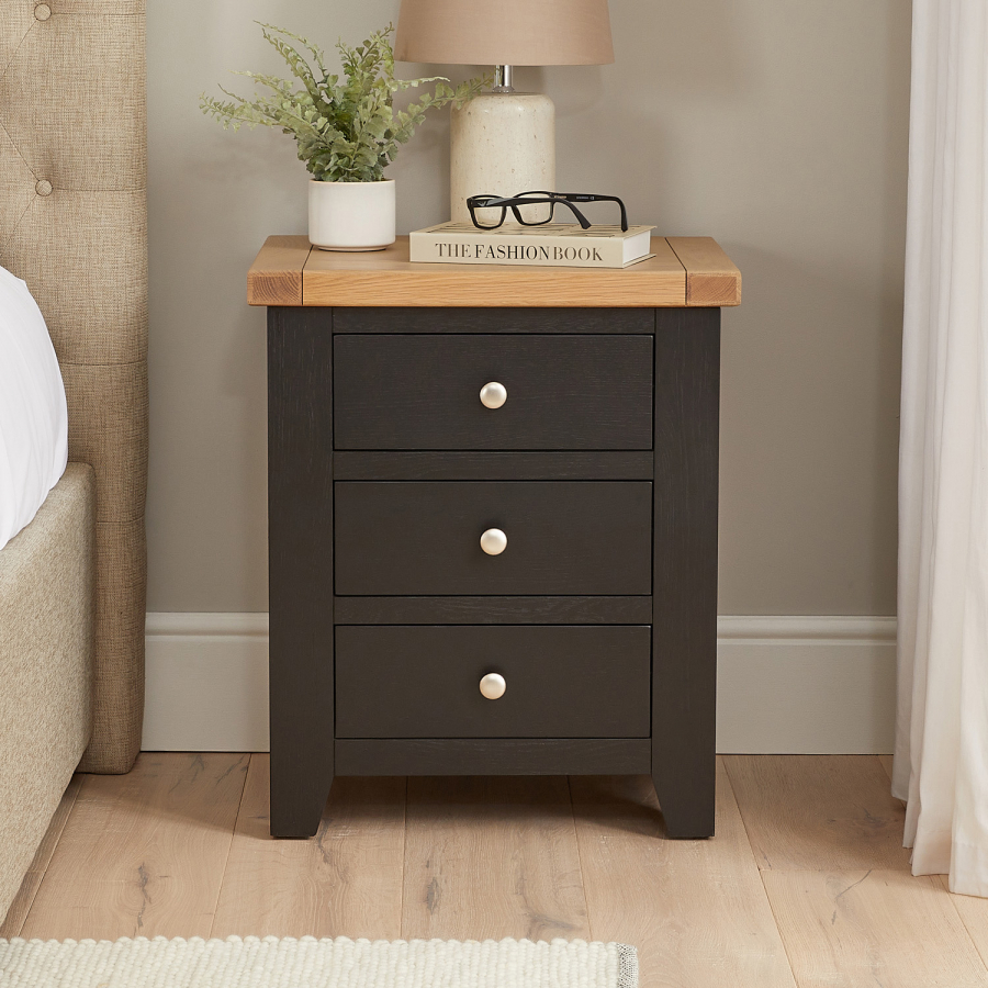 Cheshire Black Painted Oak 3 Drawer Bedside Table