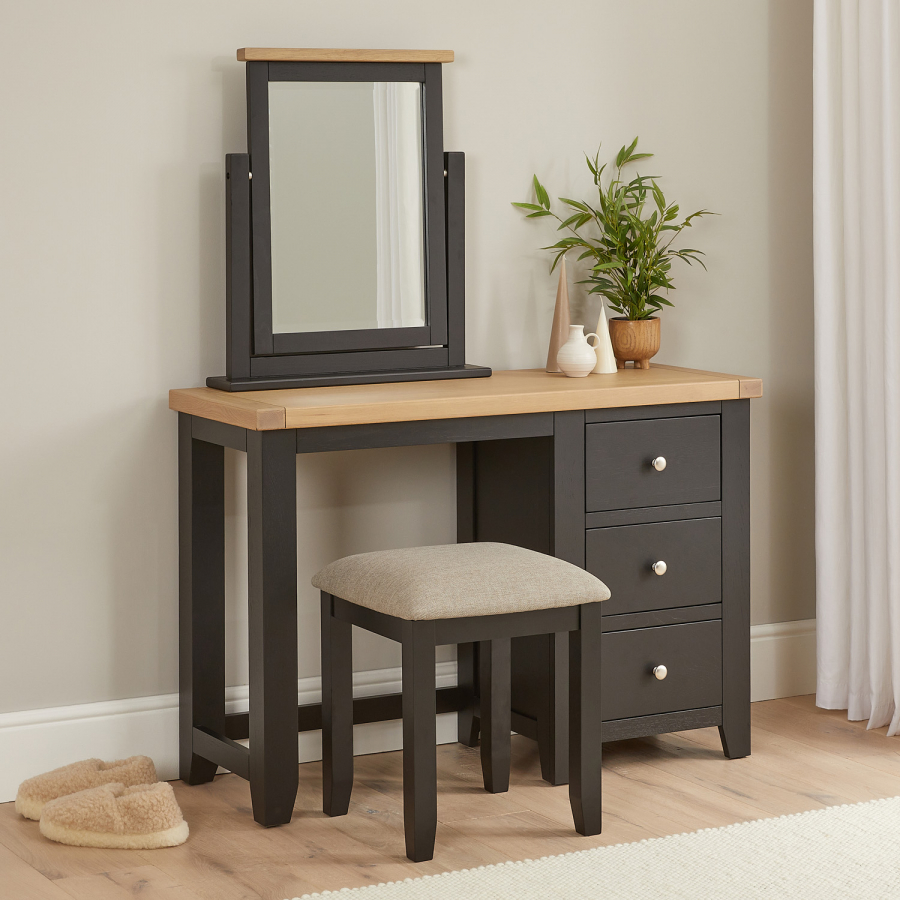 Cheshire Black Painted Oak Pedestal Dressing Table Set with Mirror and Stool