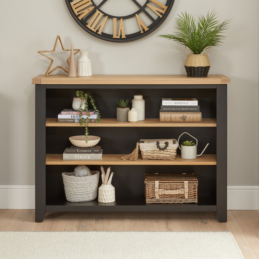 Cheshire Black Painted Oak Wide Low Bookcase 