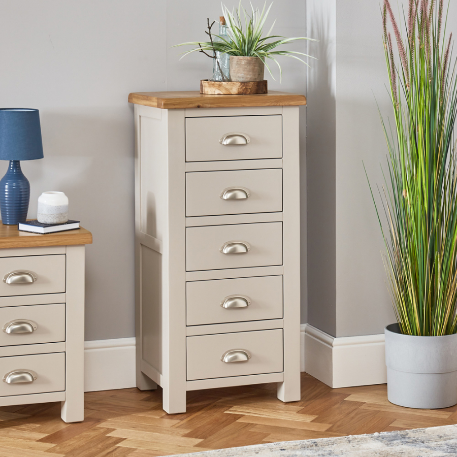 Cotswold Grey Painted 5 Drawer Tallboy Chest