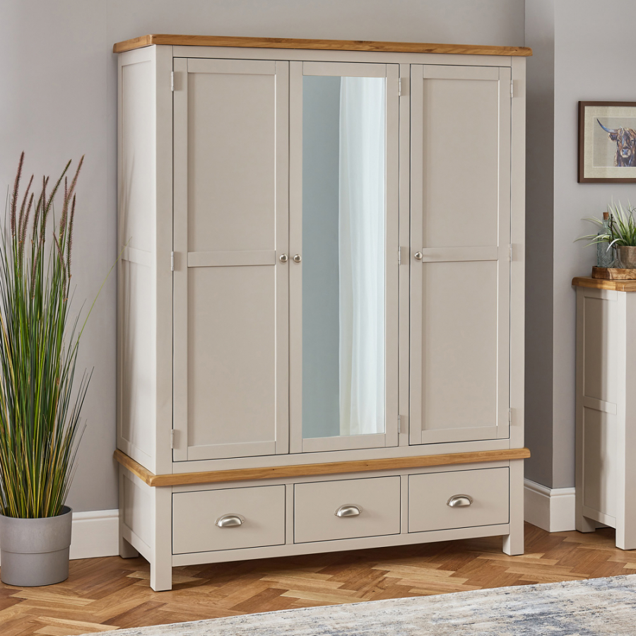 Cotswold Grey Painted Triple 3 Door Wardrobe with Mirror