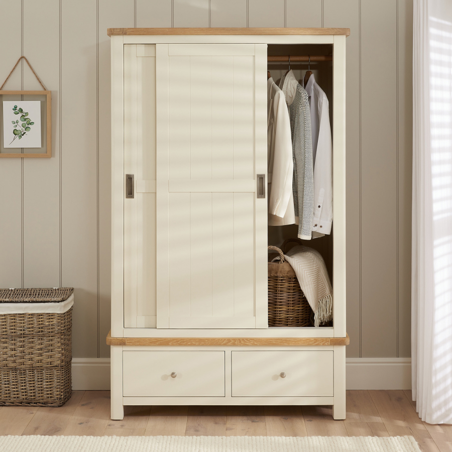 Marbury Cream Painted Double Wardrobe with 2 Sliding Doors & 2 Drawers